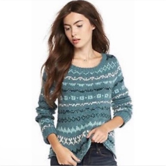 Free People Through the Storm Chunky Knit Blue Fair Isle Sweater, wool blend, L - Picture 1 of 16